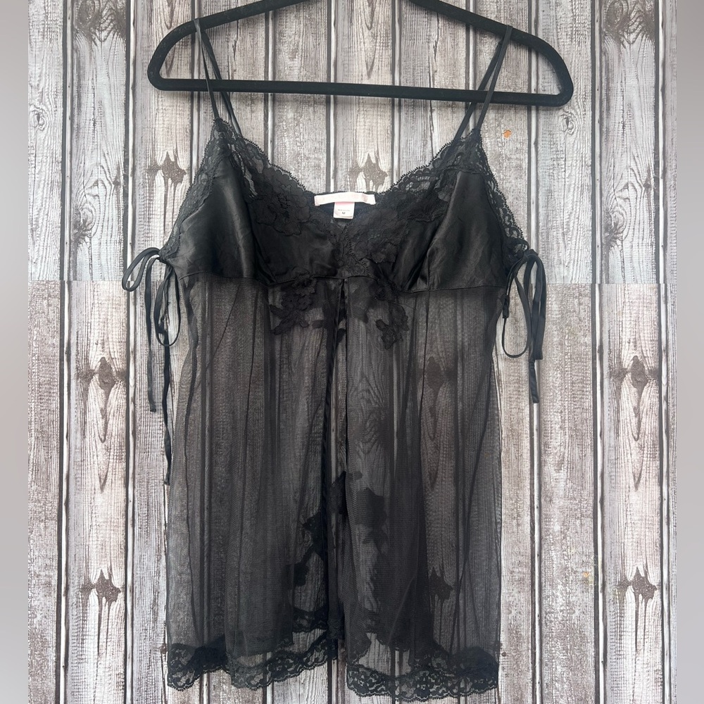 Vintage Y2K Victorias Secret Black Sheer Nylon Silk Lace Baby Doll‎ Chemise M